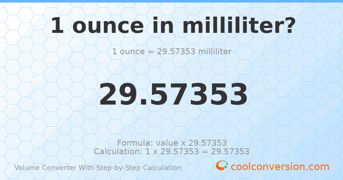 1 ounce = 29.5735 milliliters