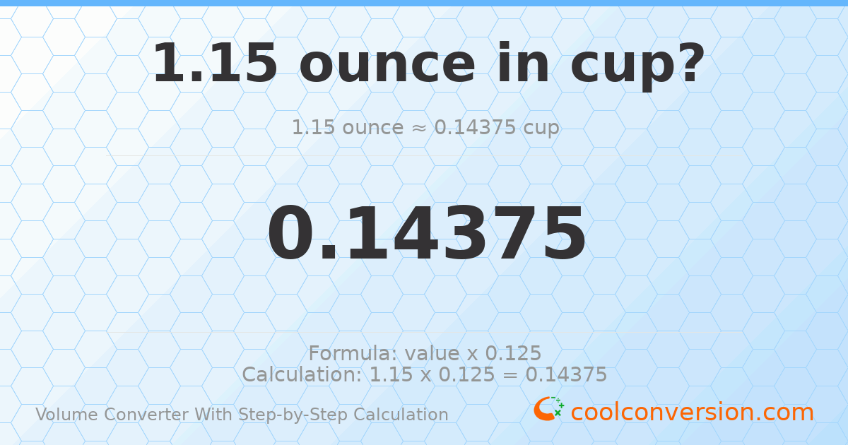 1.15 ounces = 0.14375 cups