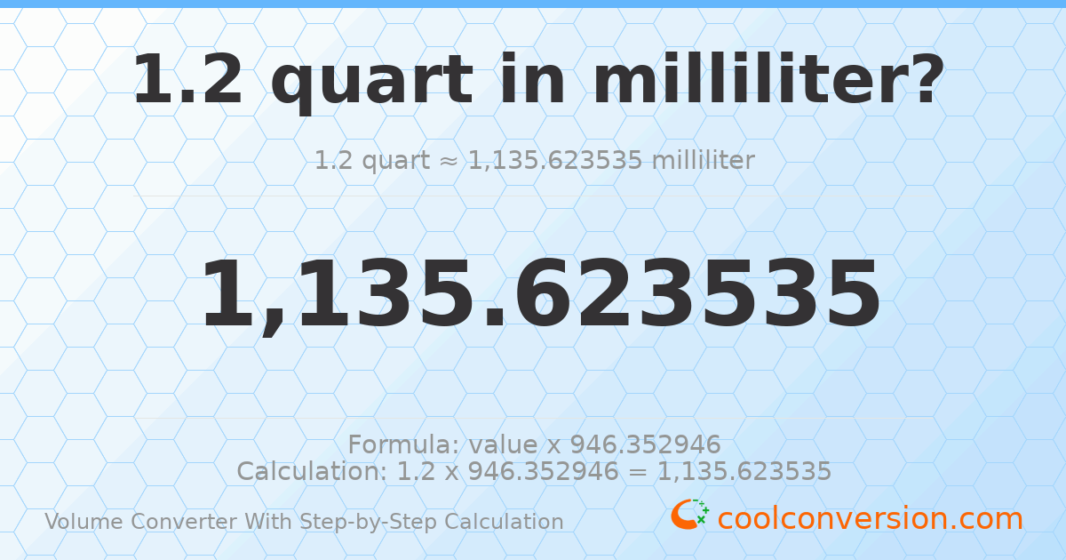 1.2 quarts = 1135.62 milliliters