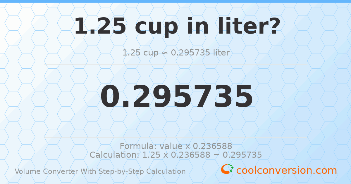 1.25 cups = 0.295735 liters