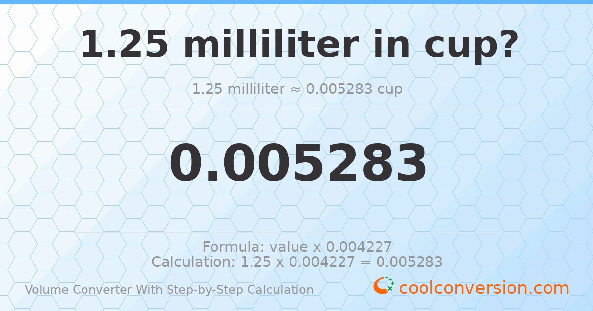 1.25 milliliters = 0.00528344 cups