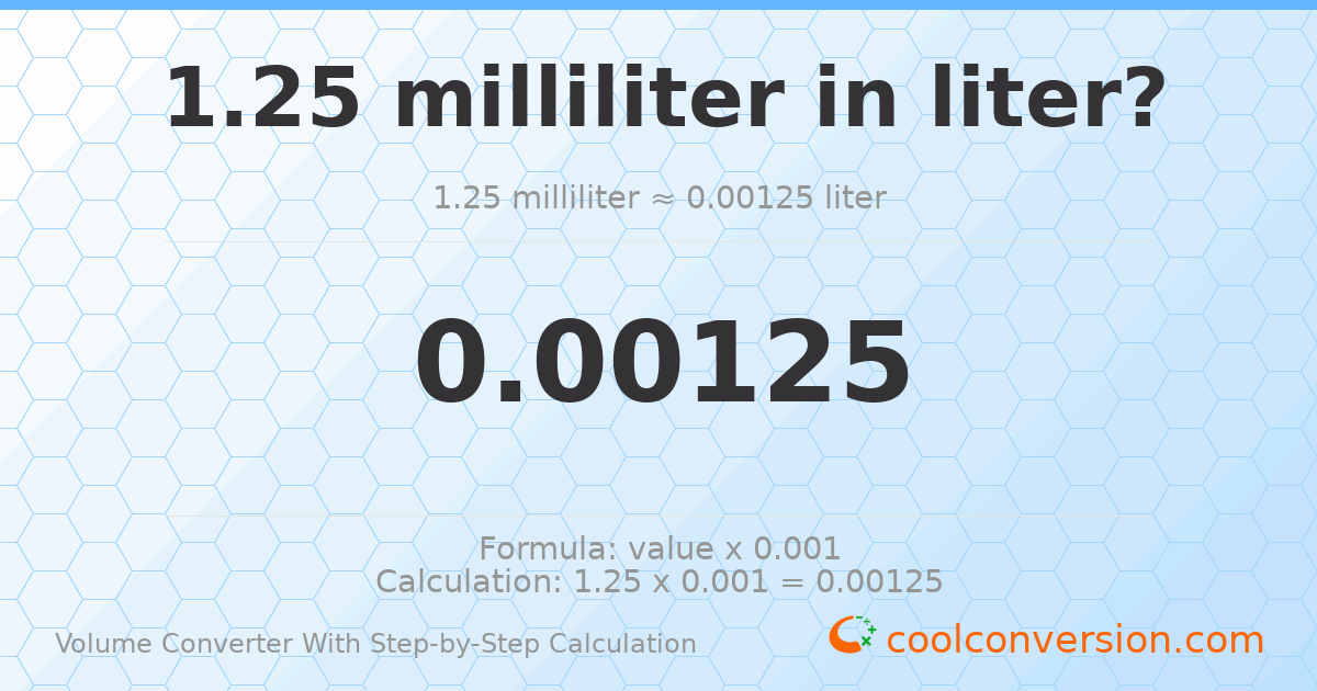 1.25 milliliters = 0.00125 liters