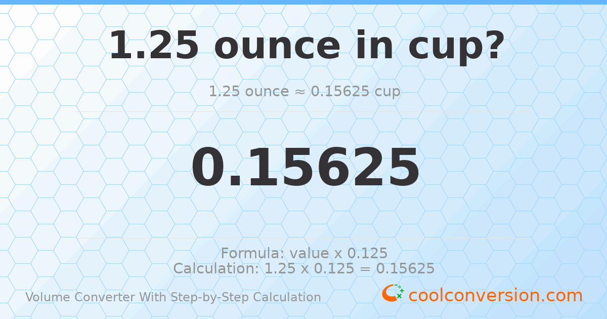 1.25 ounces = 0.15625 cups
