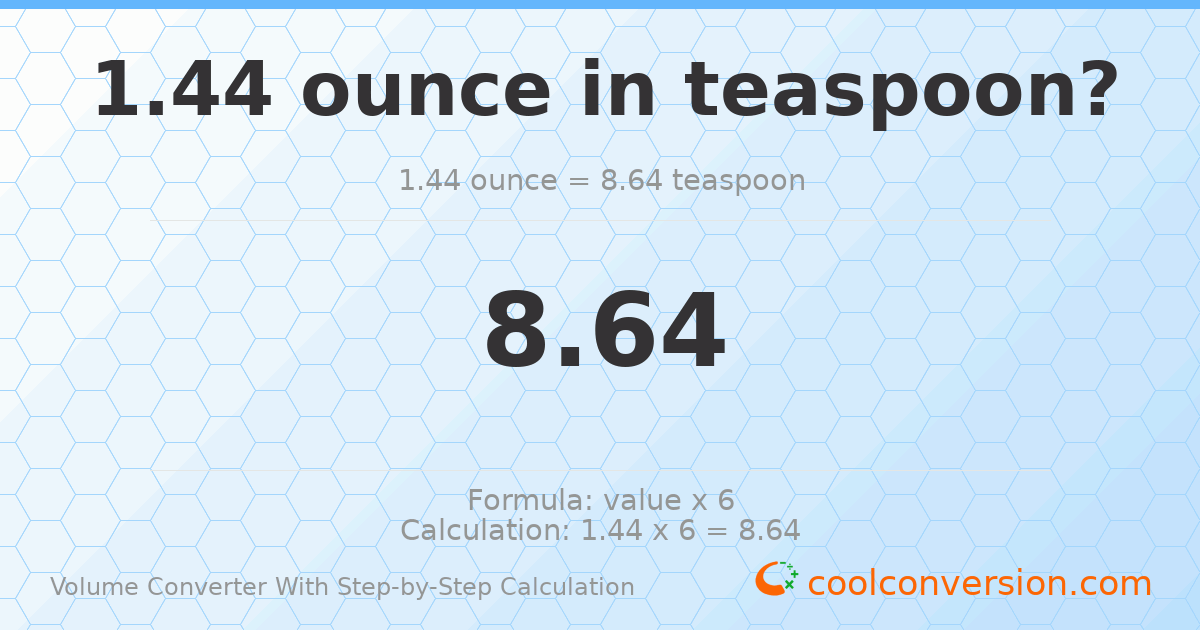 1.44 ounces = 8.64 Teaspoons