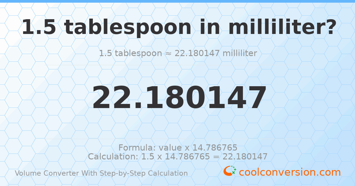 1.5 Tablespoons = 22.1801 milliliters