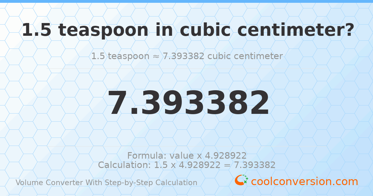1.5 Teaspoons = 7.39338 cubic centimeters