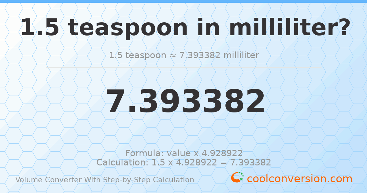 1.5 Teaspoons = 7.39338 milliliters