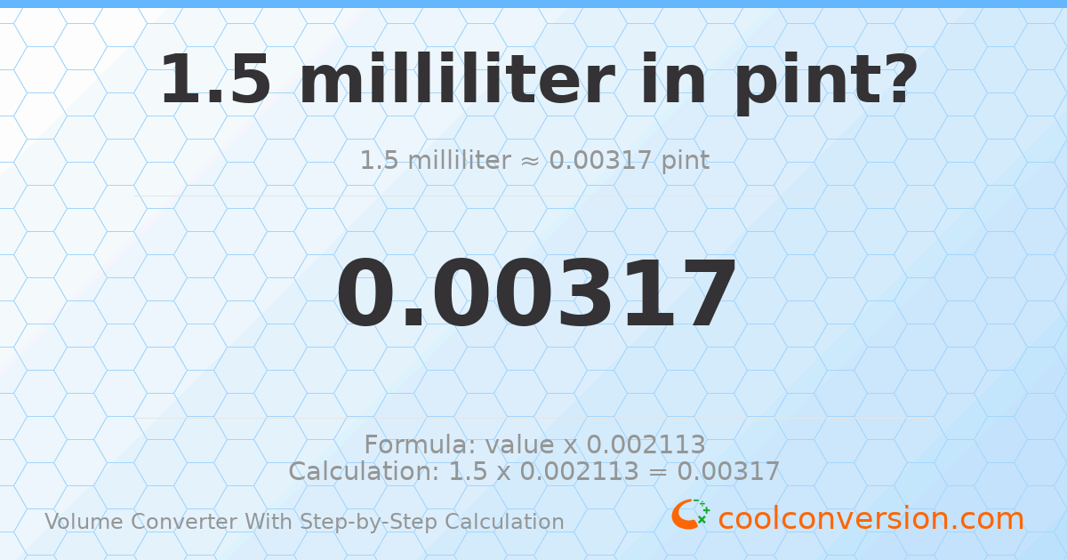 1.5 milliliters = 0.00317006 pints