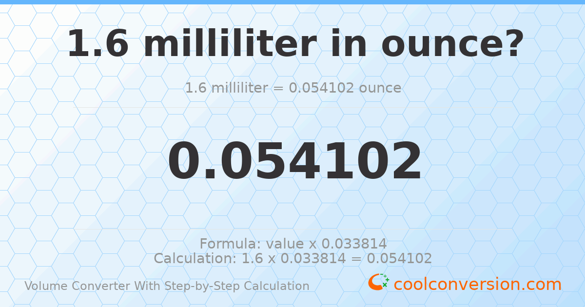 1.6 milliliters = 0.0541024 ounces