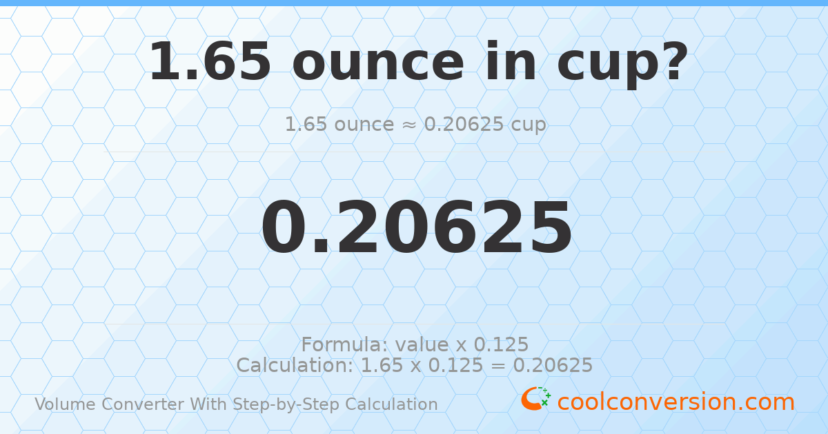 1.65 ounces = 0.20625 cups