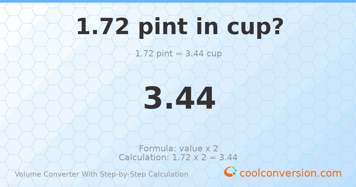 1.72 pints = 3.44 cups