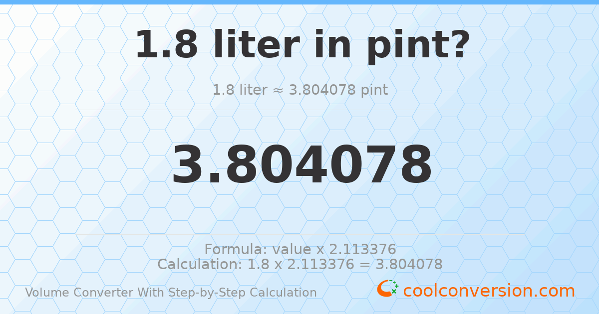 1.8 liters = 3.80408 pints