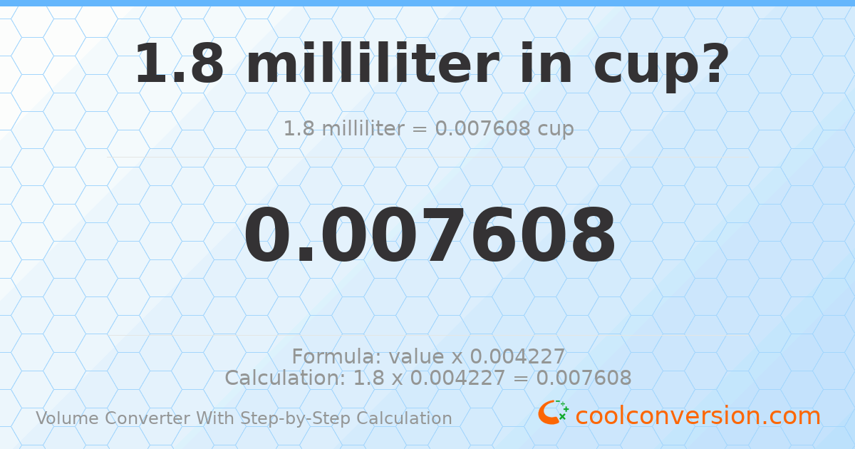 1.8 milliliters = 0.00760816 cups
