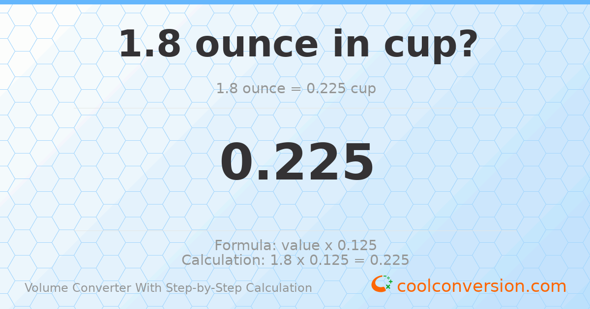 1.8 ounces = 0.225 cups