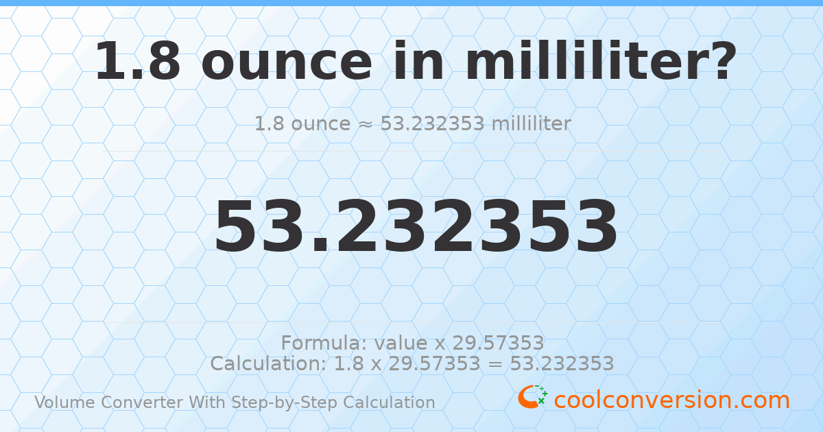 1.8 ounces = 53.2324 milliliters