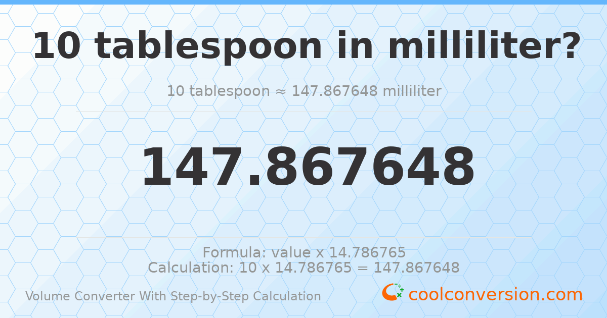 10 Tablespoons = 147.868 milliliters