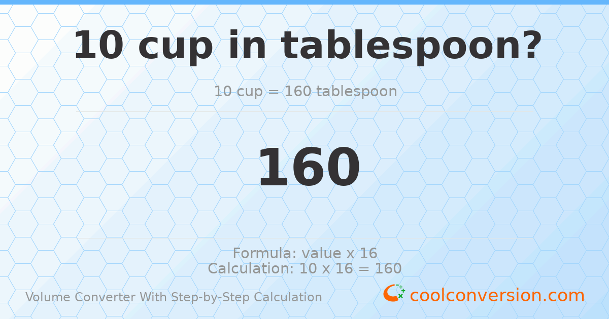 10 cups = 160 Tablespoons