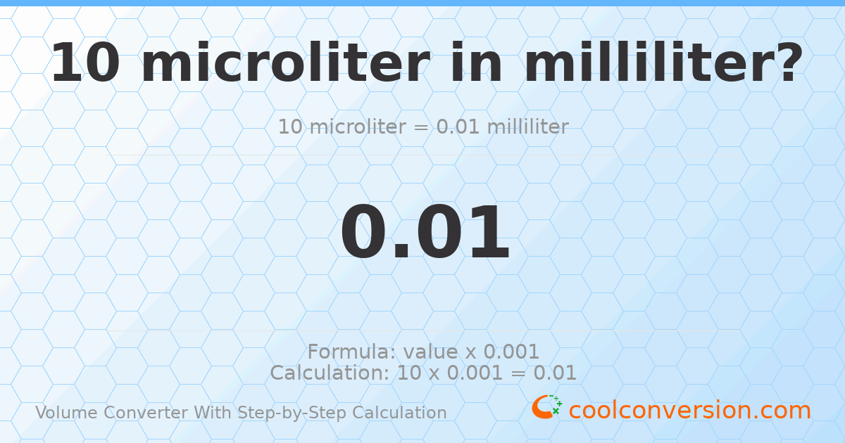 10 microliters = 0.01 milliliters