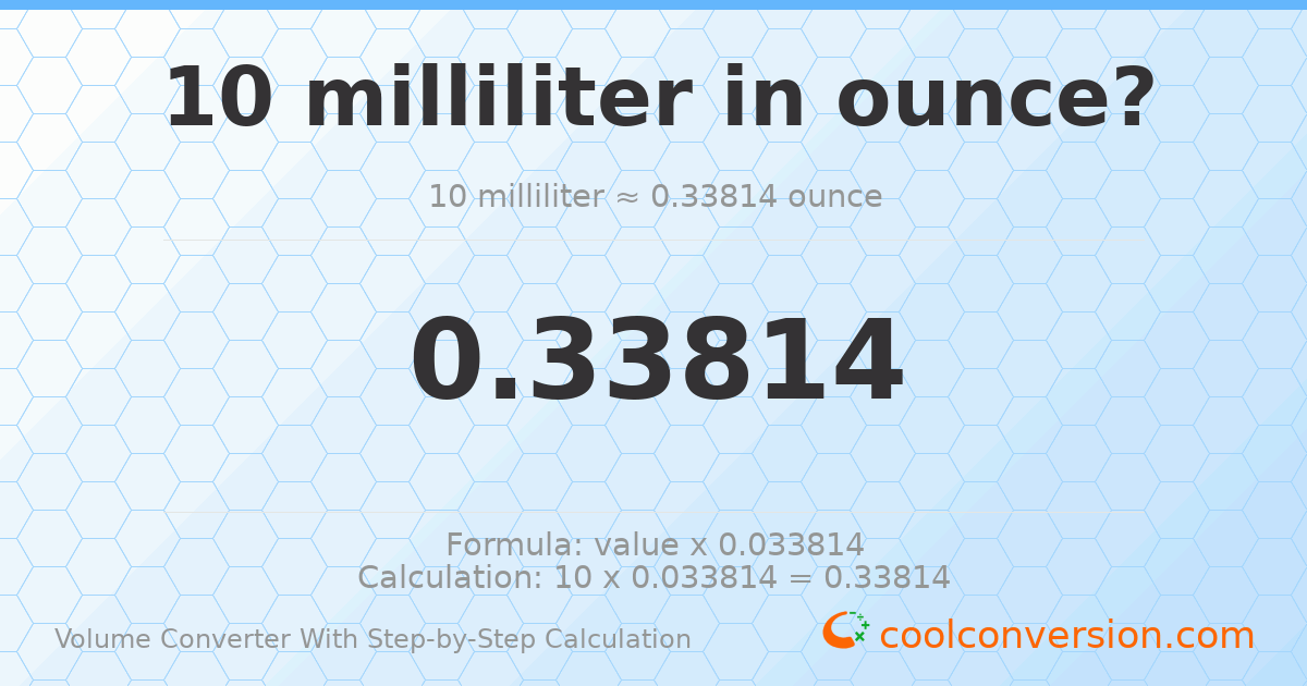 10 milliliters = 0.33814 ounces