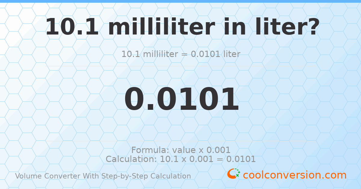 10.1 milliliters = 0.0101 liters