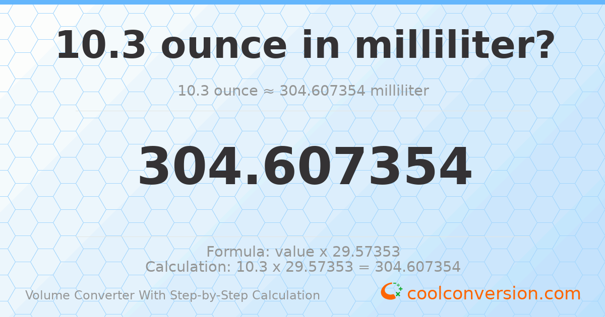 10.3 ounces = 304.607 milliliters