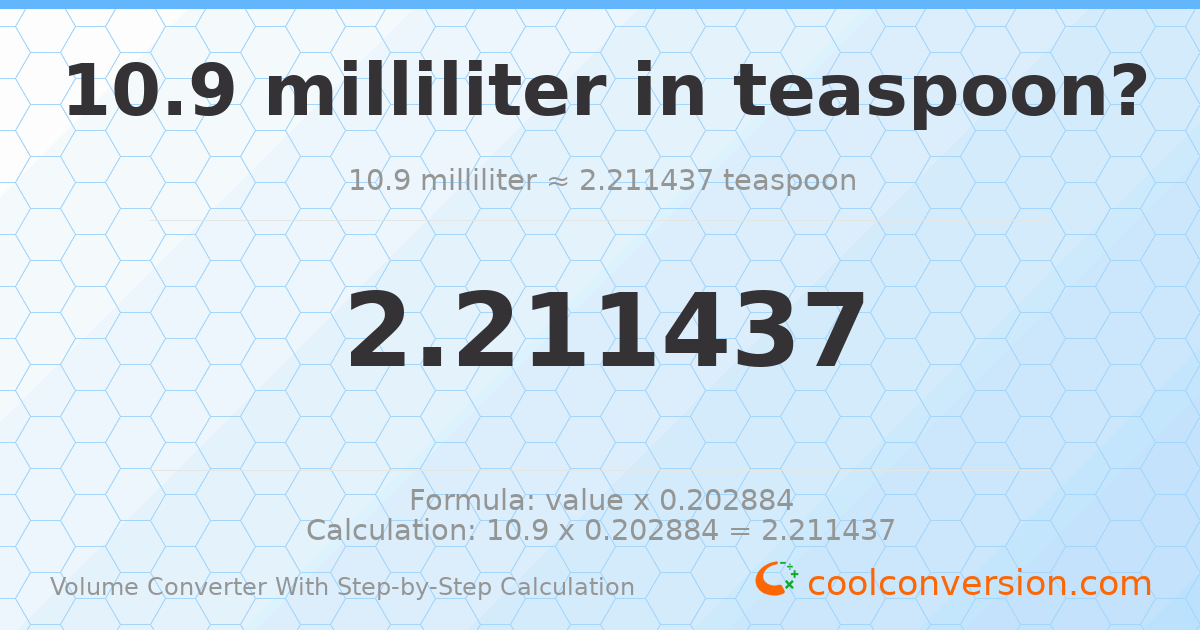 10.9 milliliters = 2.21144 Teaspoons