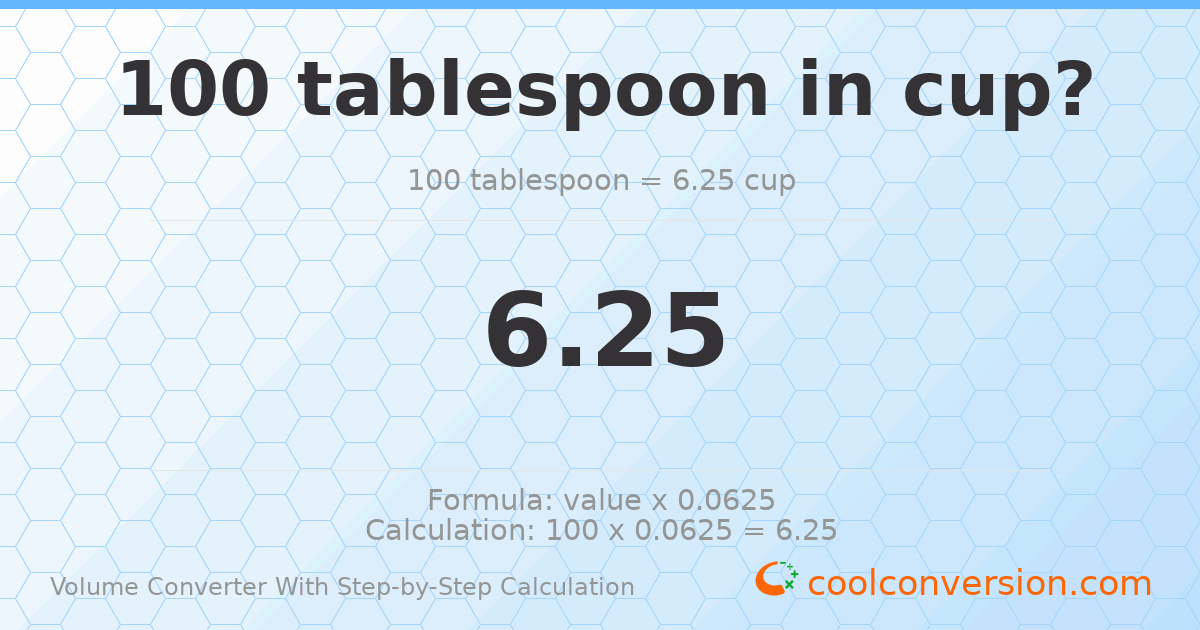 100 Tablespoons = 6.25 cups