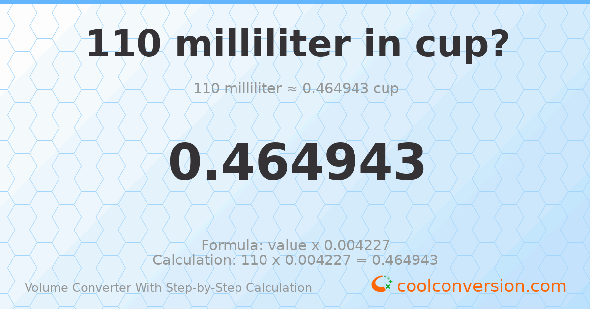 110 milliliters = 0.464943 cups