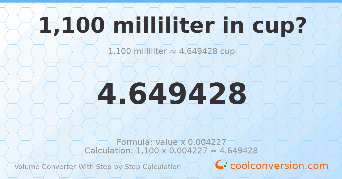 1100 milliliters = 4.64943 cups