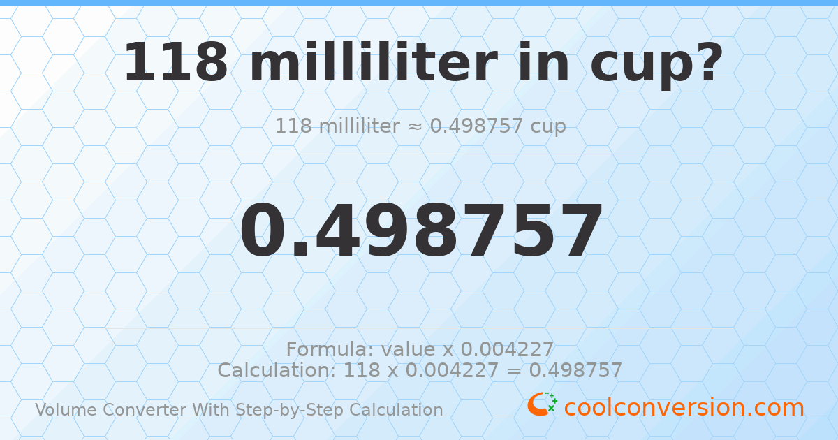 118 milliliters = 0.498757 cups