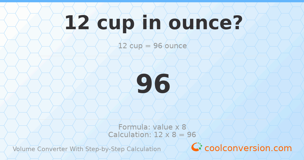 12 cups = 96 ounces