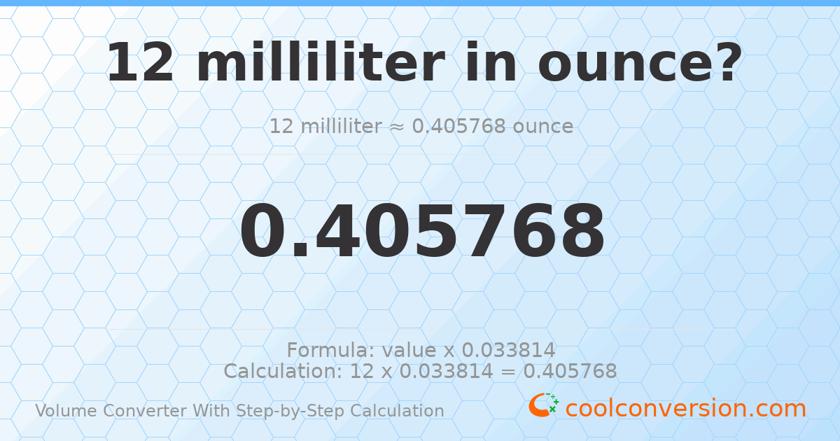 12 milliliters = 0.405768 ounces