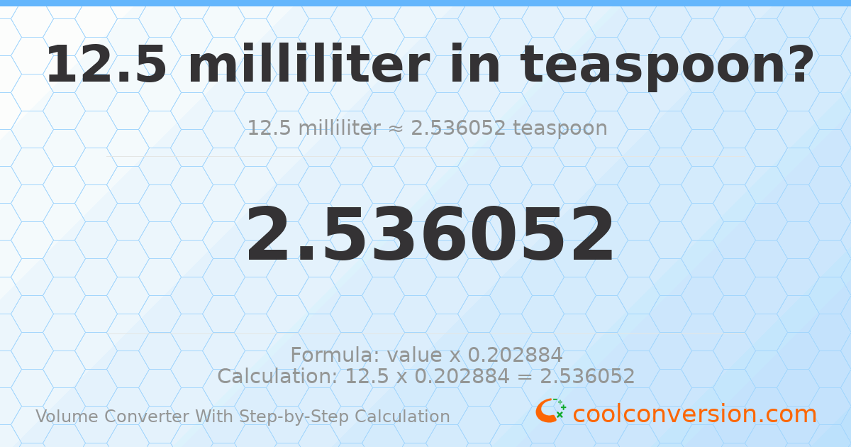 12.5 milliliters = 2.53605 Teaspoons