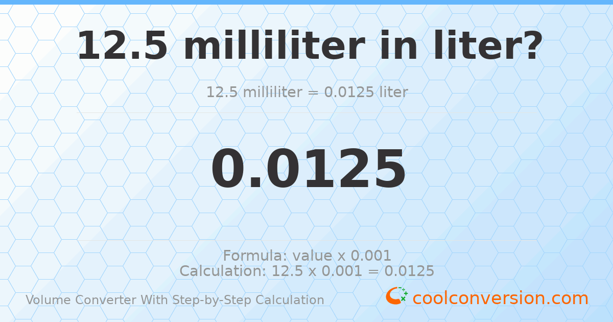 12.5 milliliters = 0.0125 liters
