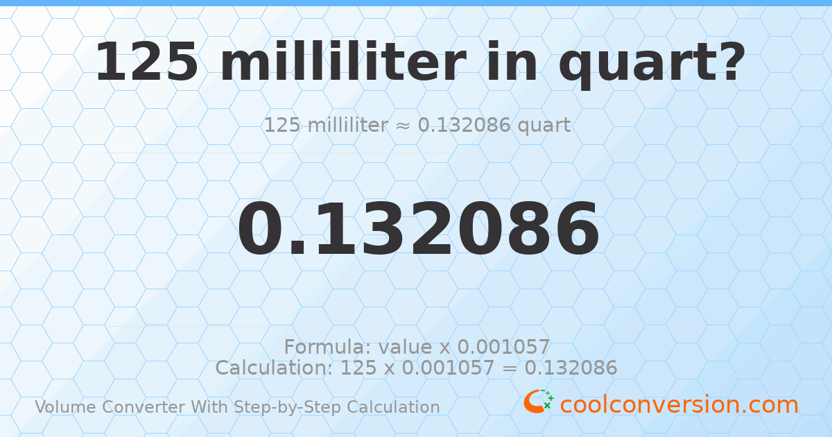 125 milliliters = 0.132086 quarts