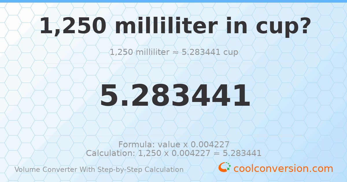 1250 milliliters = 5.28344 cups