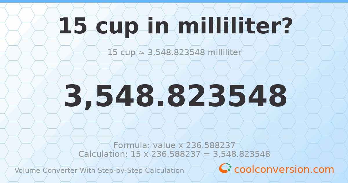 15 cups = 3548.82 milliliters