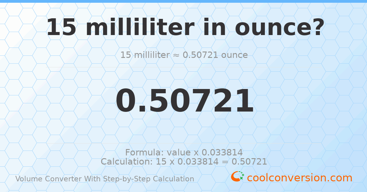 15 milliliters = 0.50721 ounces