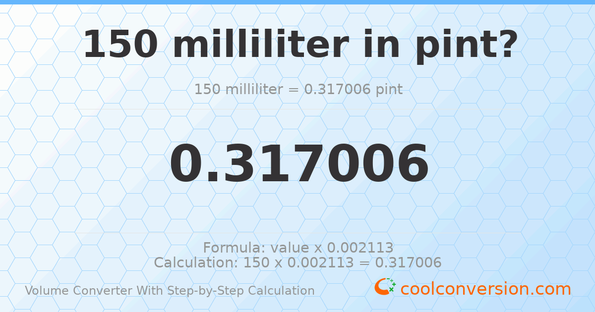 150 milliliters = 0.317006 pints