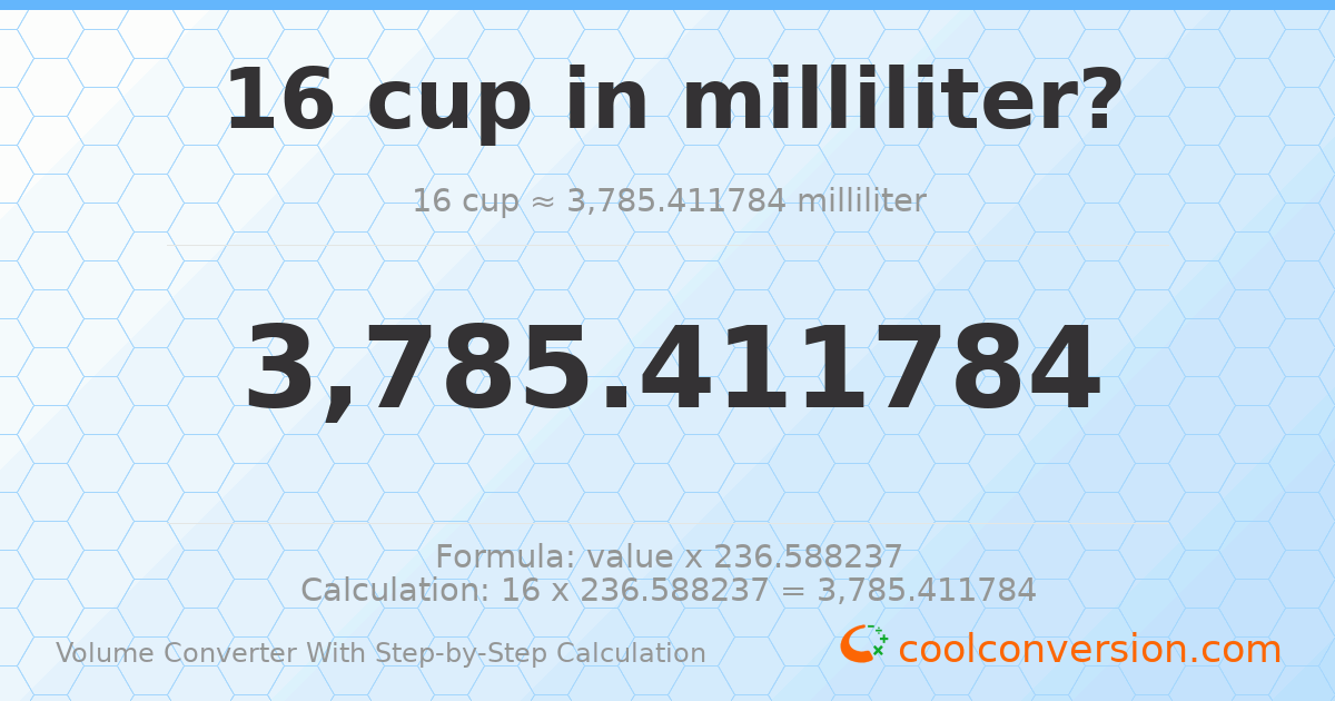16 cups = 3785.41 milliliters