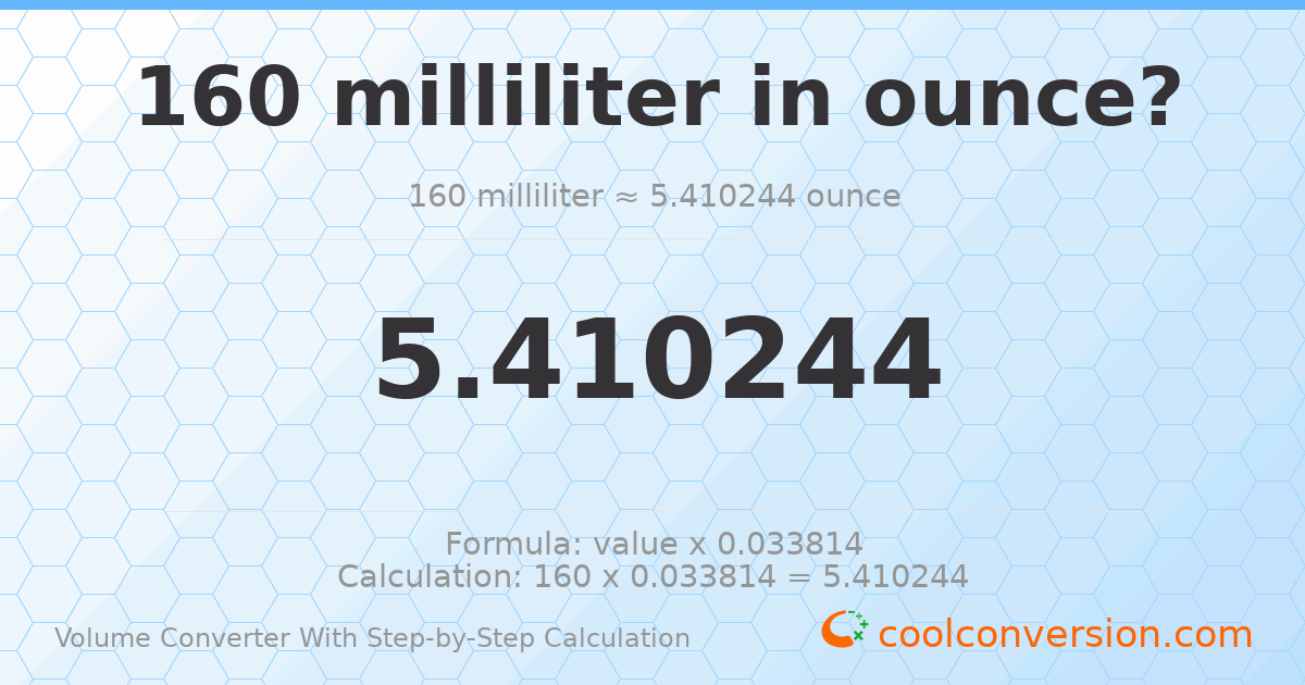 160 milliliters = 5.41024 ounces
