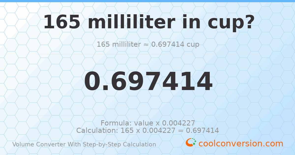 165 milliliters = 0.697414 cups