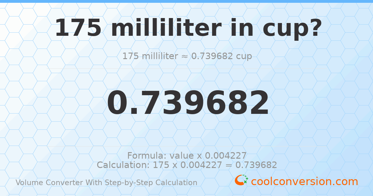 175 milliliters = 0.739682 cups