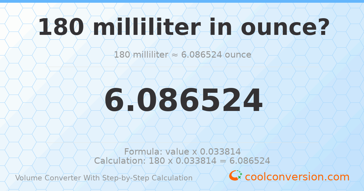 180 milliliters = 6.08652 ounces
