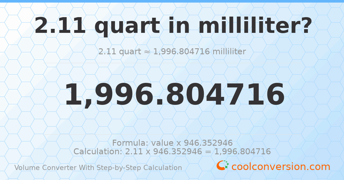 2.11 quarts = 1996.8 milliliters