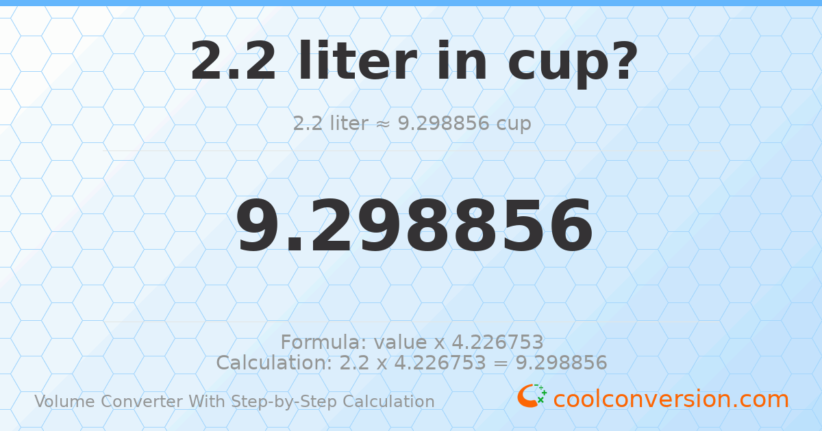 2.2 liters = 9.29886 cups