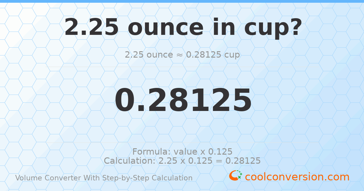 2.25 ounces = 0.28125 cups