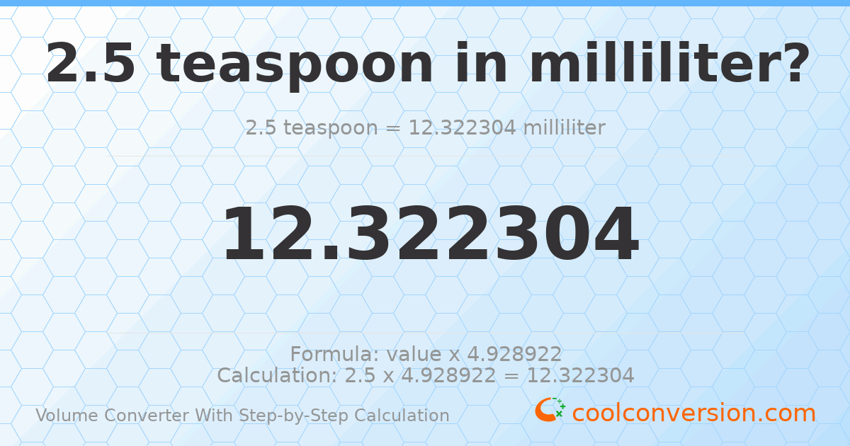 2.5 Teaspoons = 12.3223 milliliters