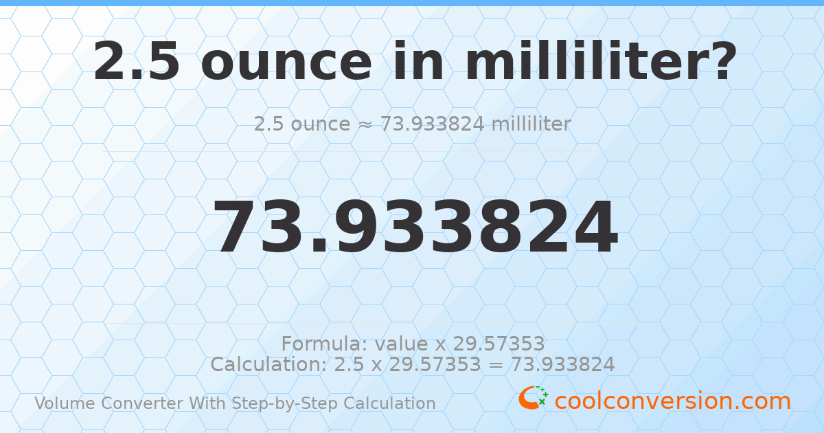 2.5 ounces = 73.9338 milliliters