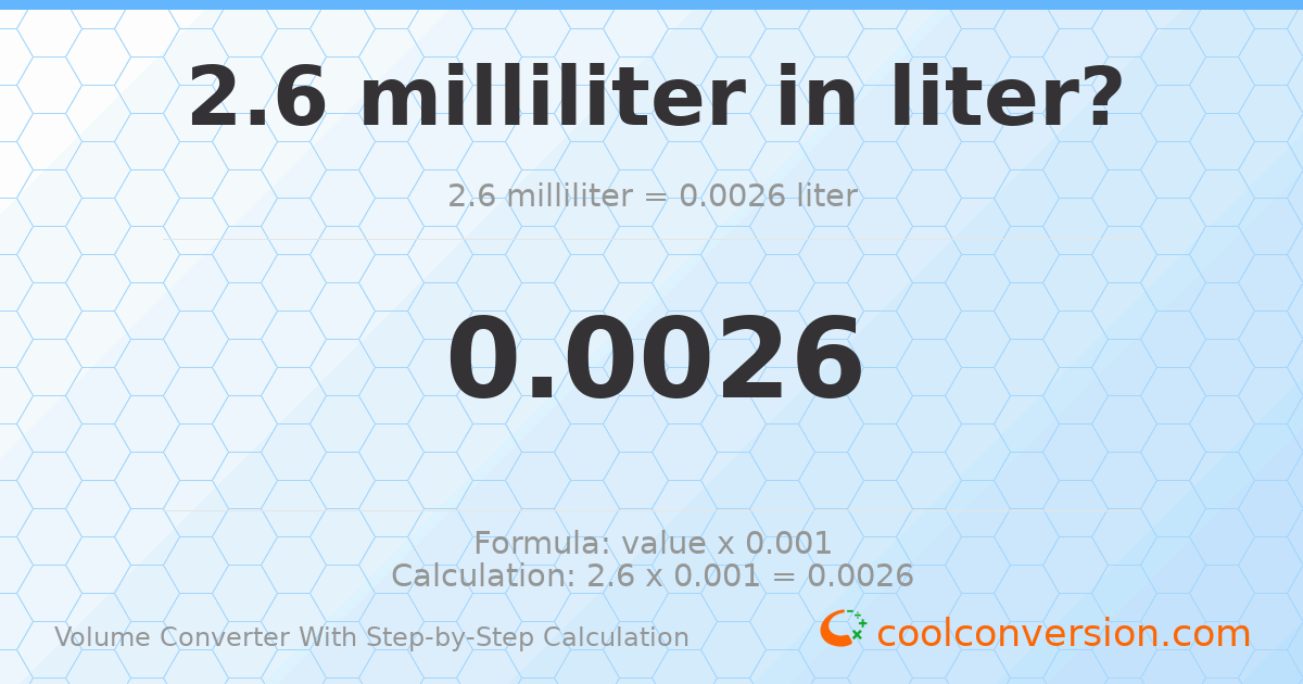 2.6 milliliters = 0.0026 liters